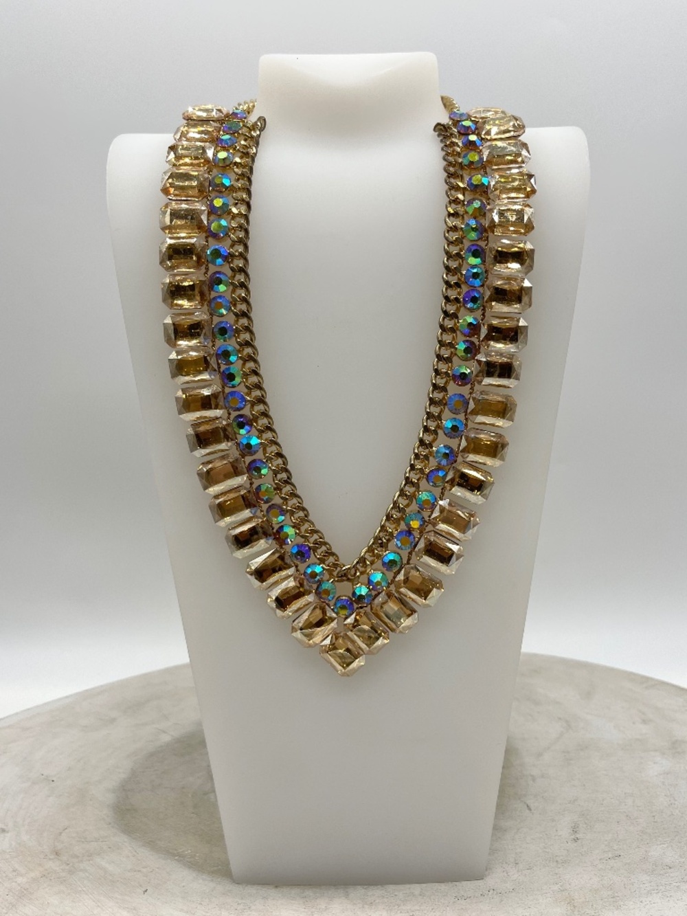 Natasha Champagne Crystal Statement Necklace Aurora Borealis Choker Iridescent